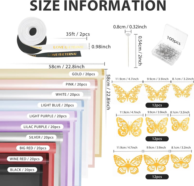NESCCI 200 Sheets Flower Wrapping Paper - Waterproof Florist Bouquet Paper,70Ft Satin Ribbon, 36 Pcs 3D Butterflies 100 PCS Flower Pins for Wedding Birthday Gift DIY(Translucent Multicolored) - Image 2